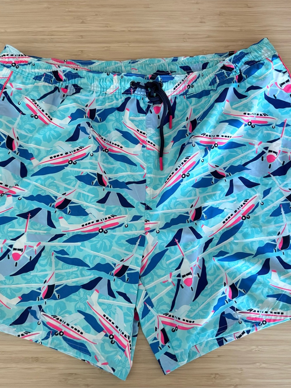 Vineyard Vines Light Blue Seaplane Print Swim Trunks with Navy and Pink Accents